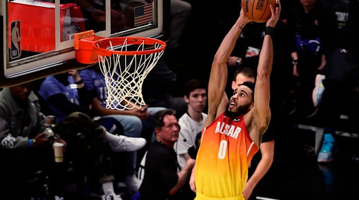 Team Giannis forward Jayson Tatum dunks the ball during the second half